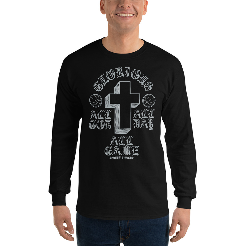 ALL GOD ALL DAY ALL GAME MEN'S BASKETBALL DRIP GRAPHIC PRINT LONG SLEEVE T- SHIRT