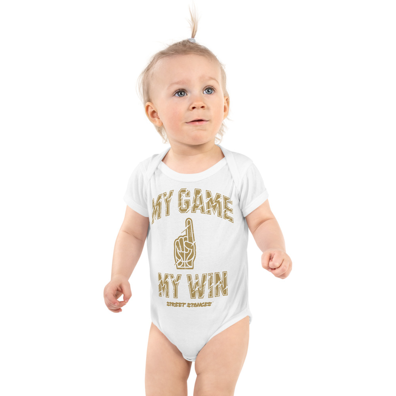 MY GAME, MY WIN BABY BASKETBALL DRIP GRAPHIC PRINT SHORT SLEEVE BODY SUIT
