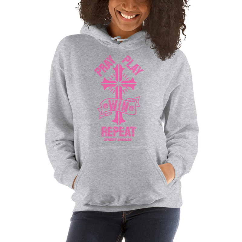 PRAY PLAY WIN REPEAT WOMEN'S BASKETBALL DRIP GRAPHIC PRINT HOODIE SWEATSHIRT