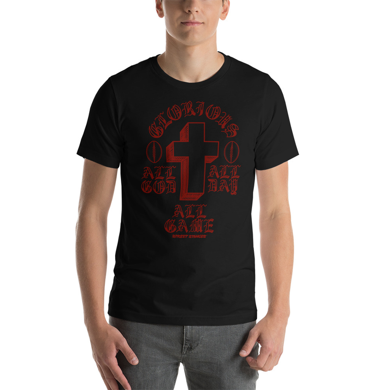 ALL GOD ALL DAY ALL GAME MEN'S FOOTBALL DRIP GRAPHIC PRINT T-SHIRT