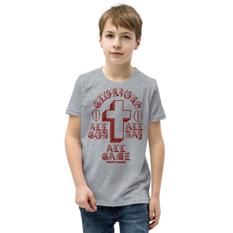 ALL GOD ALL DAY ALL GAME YOUTH FOOTBALL DRIP GRAPHIC PRINT T-SHIRT