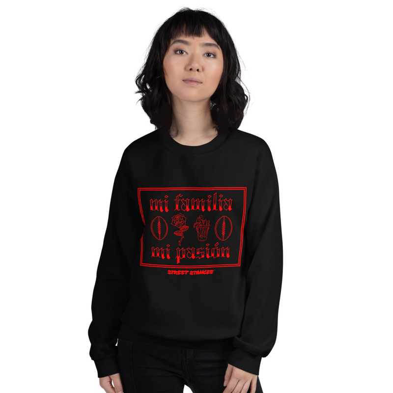 MI FAMILIA MI PASION WOMEN'S FOOTBALL DRIP GRAPHIC PRINT CREWNECK SWEATSHIRT