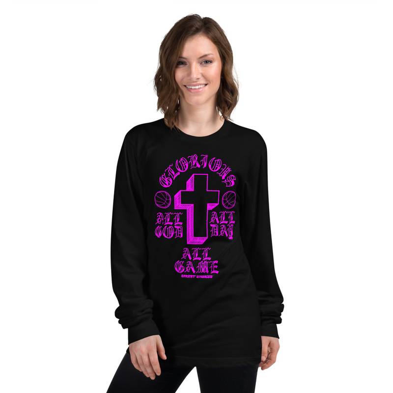 ALL GOD ALL DAY ALL GAME WOMEN'S BASKETBALL DRIP GRAPHIC PRINT LONG SLEEVE T- SHIRT