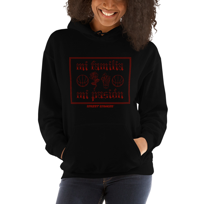 MI FAMILIA MI PASION WOMEN'S BASKETBALL DRIP GRAPHIC PRINT HOODIE SWEATSHIRT