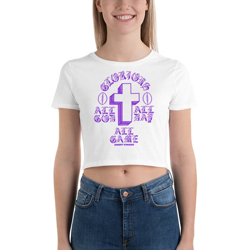 ALL GOD ALL DAY ALL GAME WOMEN'S FOOTBALL DRIP GRAPHIC PRINT CROP T- SHIRT
