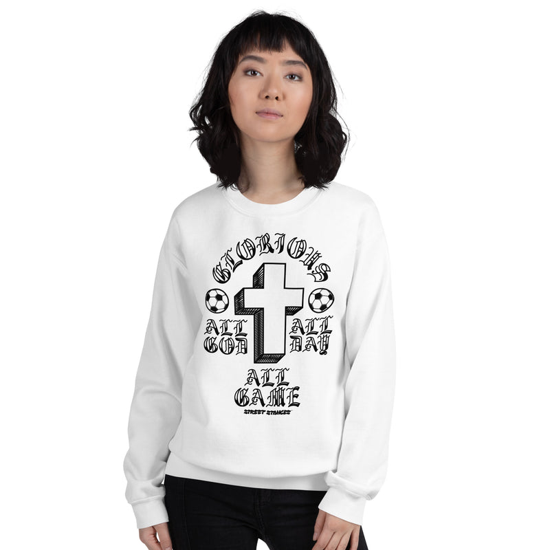 ALL GOD ALL DAY ALL GAME WOMEN'S SOCCER DRIP GRAPHIC PRINT CREWNECK SWEATSHIRT