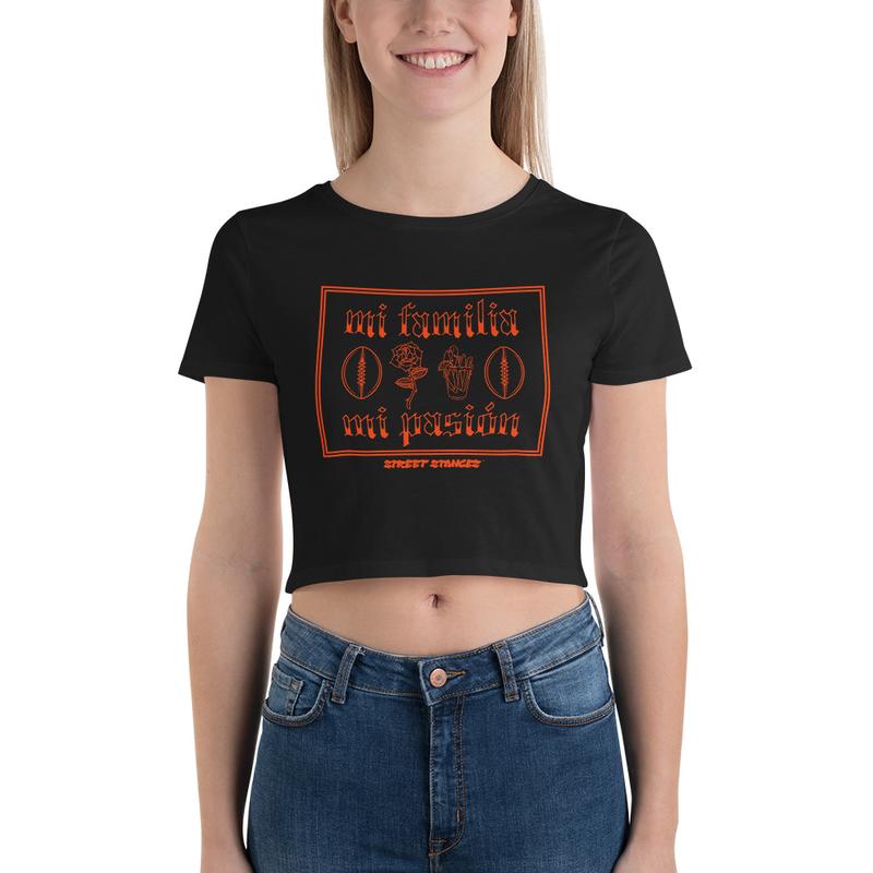 MI FAMILIA MI PASION WOMEN'S FOOTBALL DRIP GRAPHIC PRINT CROP T- SHIRT