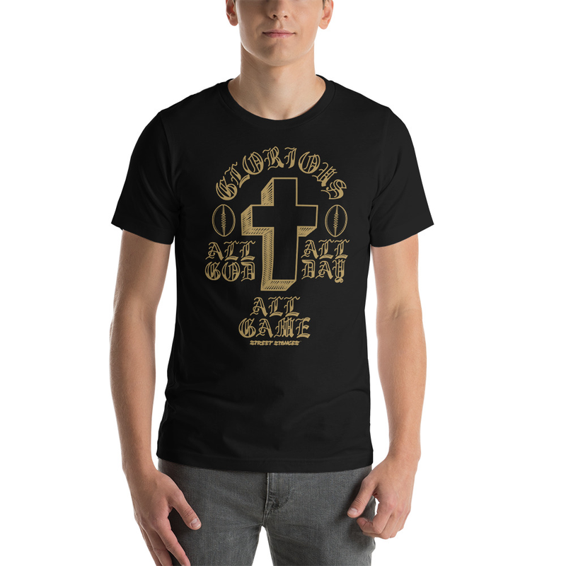 ALL GOD ALL DAY ALL GAME MEN'S FOOTBALL DRIP GRAPHIC PRINT T-SHIRT