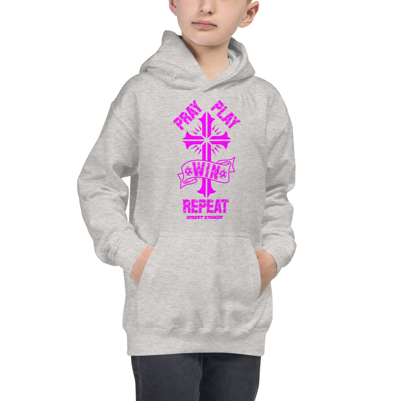 PRAY PLAY WIN REPEAT KIDS' SOCCER DRIP GRAPHIC PRINT HOODIE SWEATSHIRT