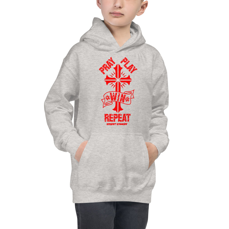 PRAY PLAY WIN REPEAT KIDS' SOCCER DRIP GRAPHIC PRINT HOODIE SWEATSHIRT