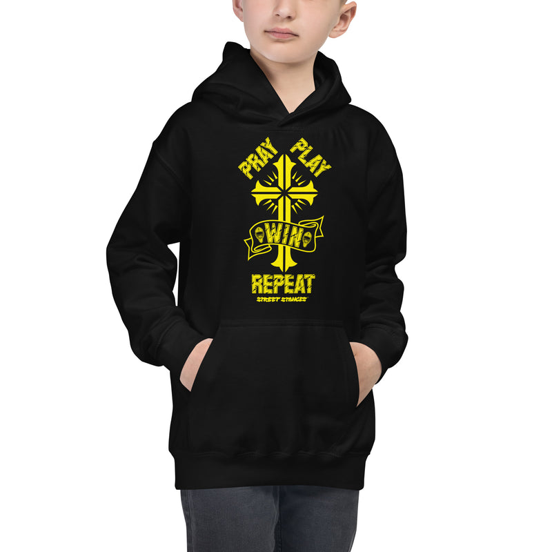 PRAY PLAY WIN REPEAT KIDS' HOCKEY DRIP GRAPHIC PRINT HOODIE SWEATSHIRT