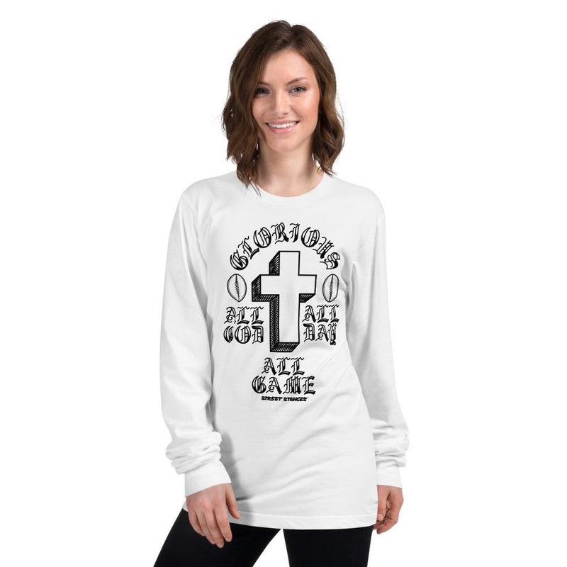 ALL GOD ALL DAY ALL GAME WOMEN'S FOOTBALL DRIP GRAPHIC PRINT LONG SLEEVE T- SHIRT