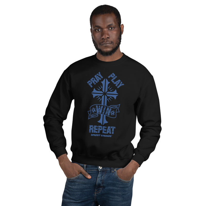 PRAY PLAY WIN REPEAT MEN'S SOCCER DRIP GRAPHIC PRINT CREWNECK SWEATSHIRT