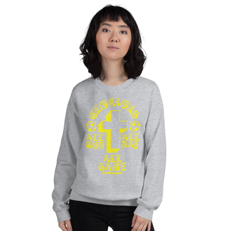 ALL GOD ALL DAY ALL GAME WOMEN'S SOCCER DRIP GRAPHIC PRINT CREWNECK SWEATSHIRT