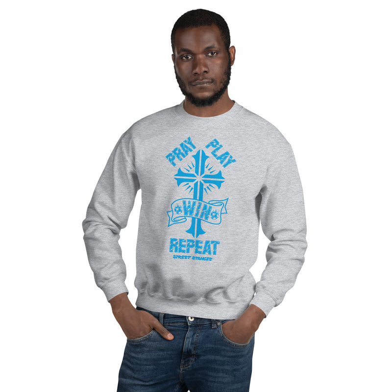 PRAY PLAY WIN REPEAT MEN'S SOCCER DRIP GRAPHIC PRINT CREWNECK SWEATSHIRT