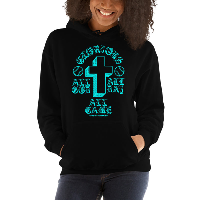 ALL GOD ALL DAY ALL GAME WOMEN'S BASEBALL DRIP GRAPHIC PRINT HOODIE SWEATSHIRT