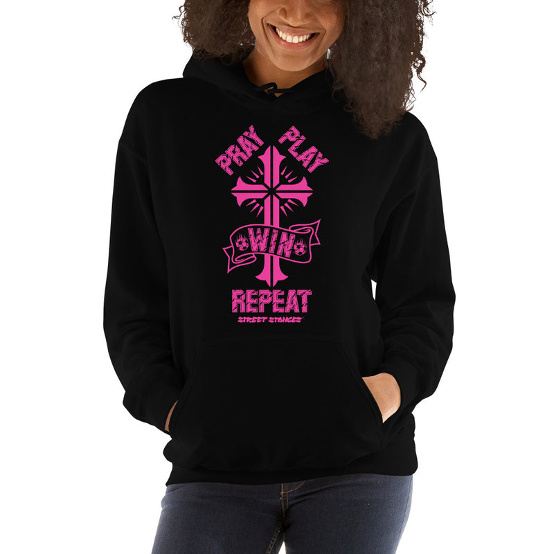 PRAY PLAY WIN REPEAT WOMEN'S SOCCER DRIP GRAPHIC PRINT HOODIE SWEATSHIRT