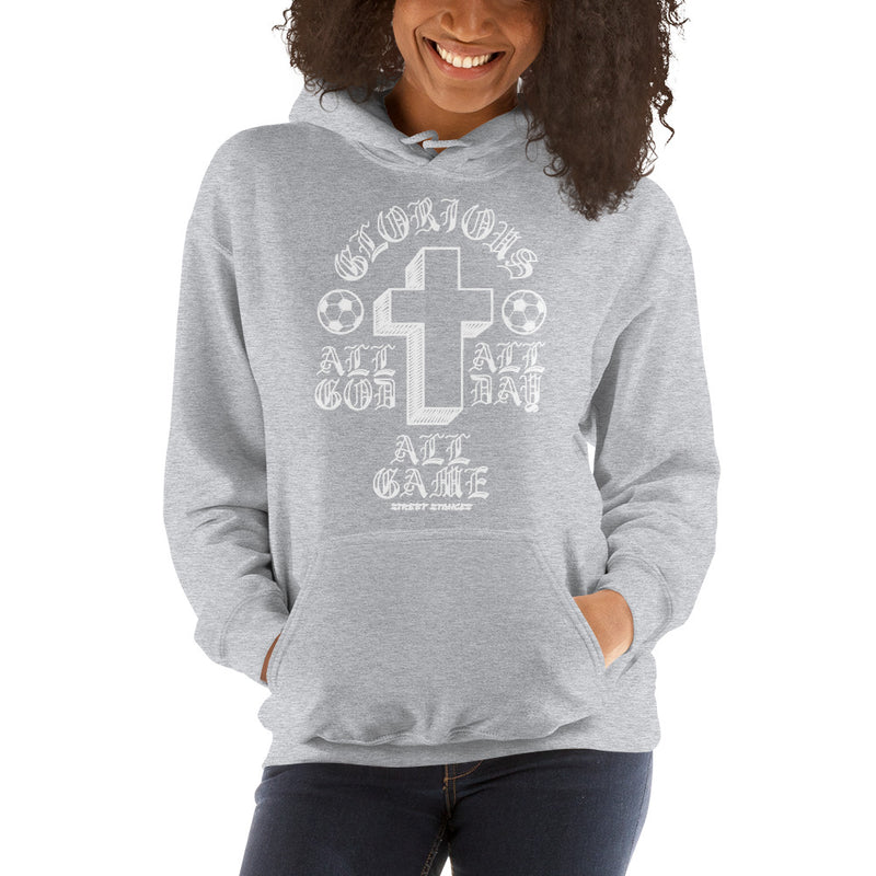 ALL GOD ALL DAY ALL GAME WOMEN'S SOCCER DRIP GRAPHIC PRINT HOODIE SWEATSHIRT
