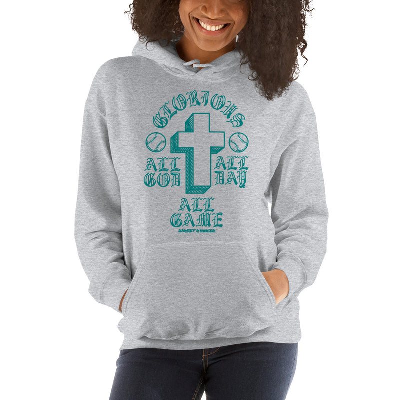 ALL GOD ALL DAY ALL GAME WOMEN'S BASEBALL DRIP GRAPHIC PRINT HOODIE SWEATSHIRT