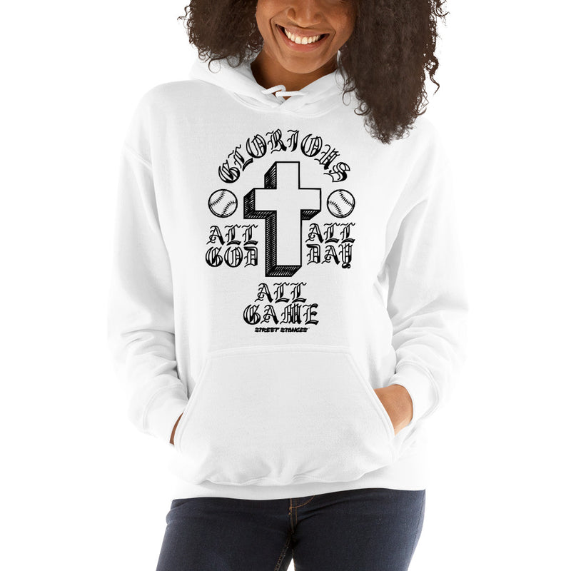 ALL GOD ALL DAY ALL GAME WOMEN'S BASEBALL DRIP GRAPHIC PRINT HOODIE SWEATSHIRT