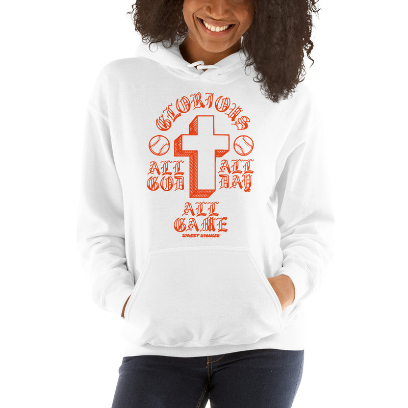 ALL GOD ALL DAY ALL GAME WOMEN'S BASEBALL DRIP GRAPHIC PRINT HOODIE SWEATSHIRT