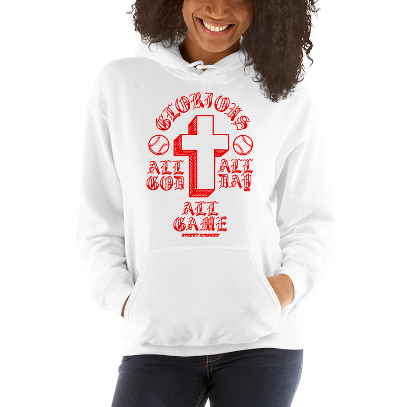 ALL GOD ALL DAY ALL GAME WOMEN'S BASEBALL DRIP GRAPHIC PRINT HOODIE SWEATSHIRT