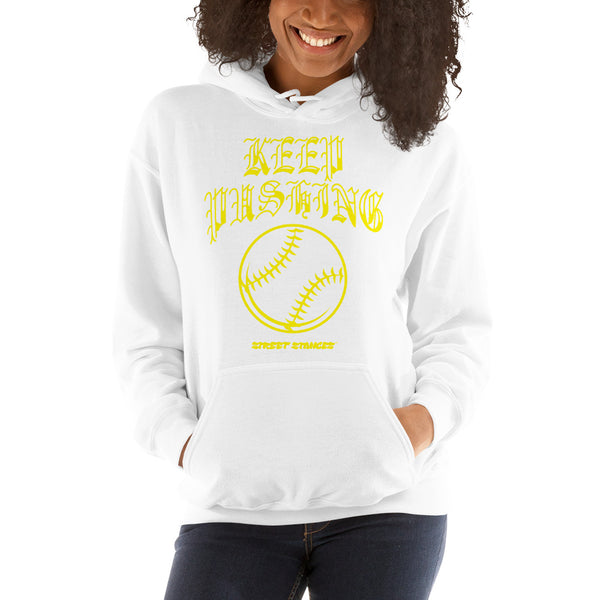 KEEP PUSHING WOMEN'S BASEBALL DRIP GRAPHIC PRINT HOODIE SWEATSHIRT