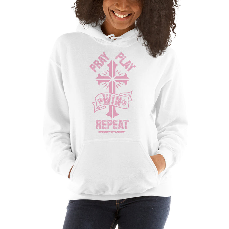 PRAY PLAY WIN REPEAT WOMEN'S SOCCER DRIP GRAPHIC PRINT HOODIE SWEATSHIRT