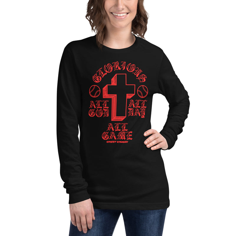 ALL GOD ALL DAY ALL GAME WOMEN'S BASEBALL DRIP GRAPHIC PRINT LONG SLEEVE T- SHIRT