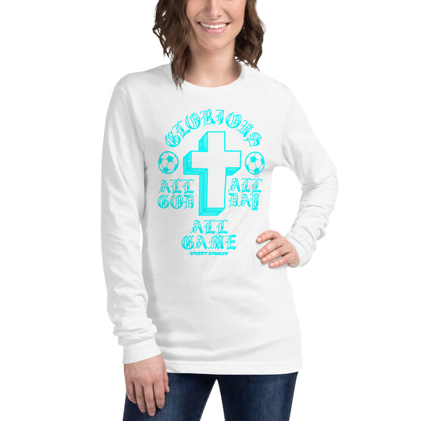 ALL GOD ALL DAY ALL GAME WOMEN'S SOCCER DRIP GRAPHIC PRINT LONG SLEEVE T- SHIRT