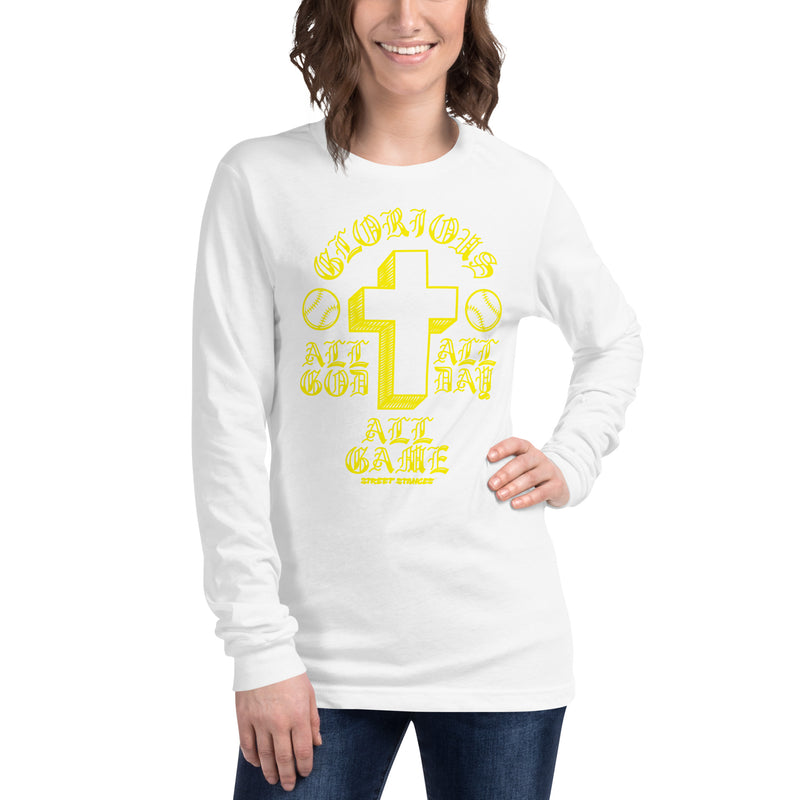ALL GOD ALL DAY ALL GAME WOMEN'S BASEBALL DRIP GRAPHIC PRINT LONG SLEEVE T- SHIRT