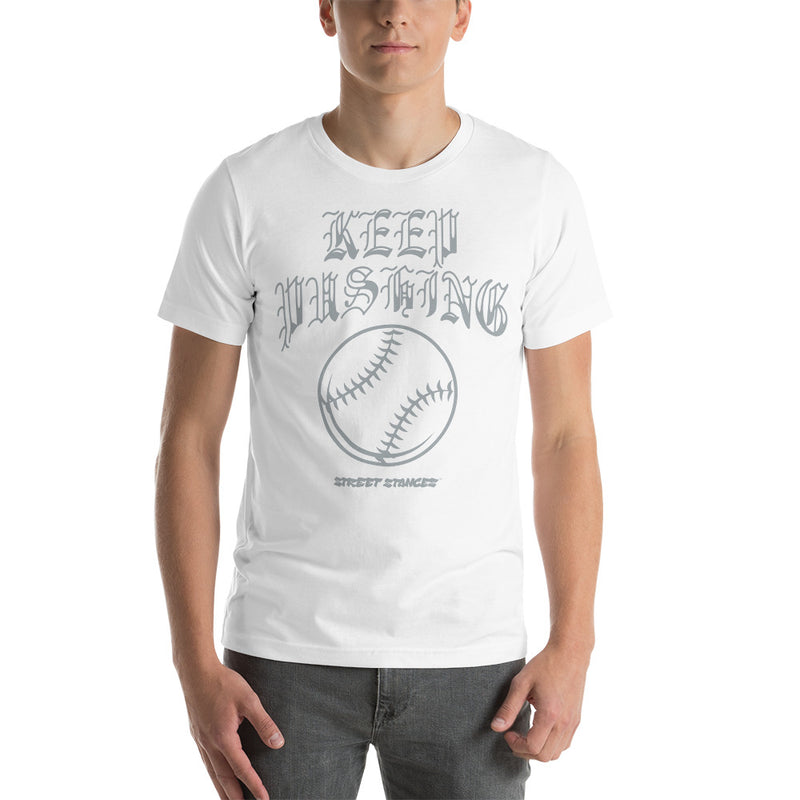 KEEP PUSHING MEN'S BASEBALL DRIP GRAPHIC PRINT T-SHIRT