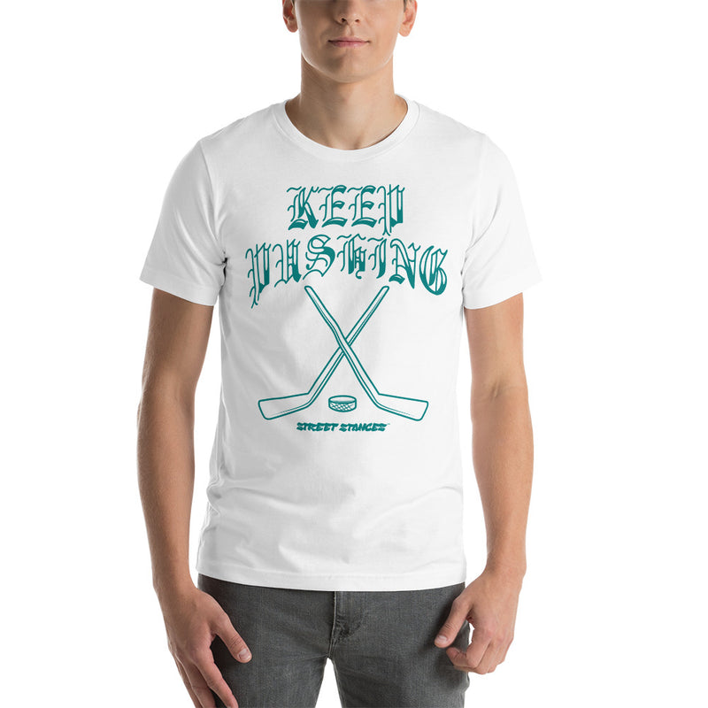 KEEP PUSHING MEN'S HOCKEY DRIP GRAPHIC PRINT T-SHIRT