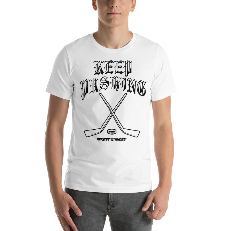 KEEP PUSHING MEN'S HOCKEY DRIP GRAPHIC PRINT T-SHIRT