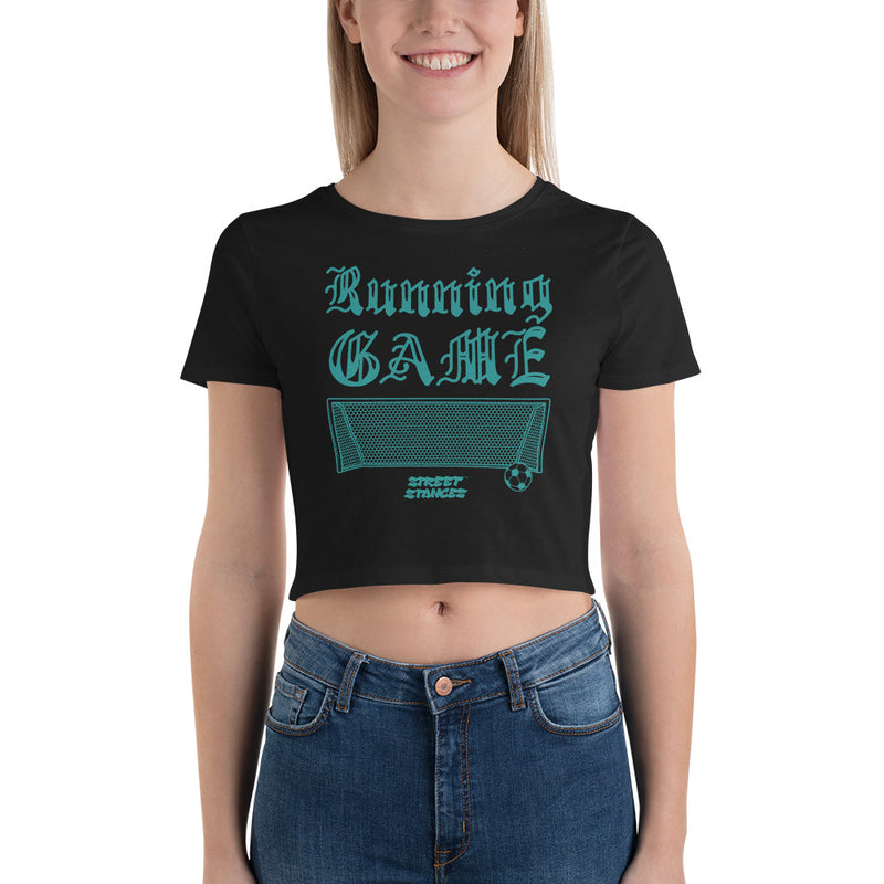 RUNNING GAME WOMEN'S SOCCER DRIP GRAPHIC PRINT CROP T- SHIRT