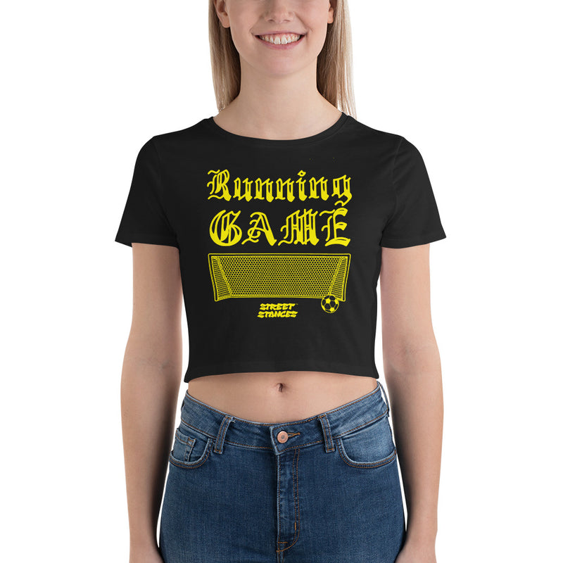 RUNNING GAME WOMEN'S SOCCER DRIP GRAPHIC PRINT CROP T- SHIRT