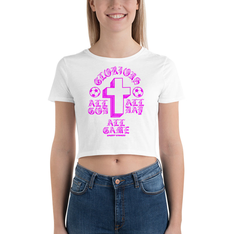 ALL GOD ALL DAY ALL GAME WOMEN'S SOCCER DRIP GRAPHIC PRINT CROP T- SHIRT