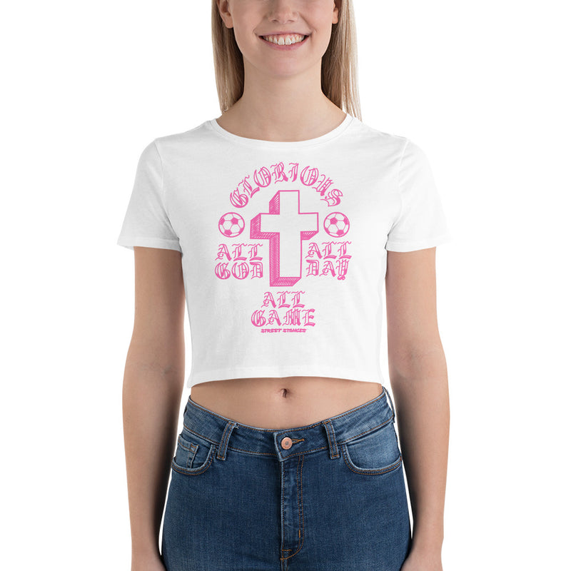 ALL GOD ALL DAY ALL GAME WOMEN'S SOCCER DRIP GRAPHIC PRINT CROP T- SHIRT