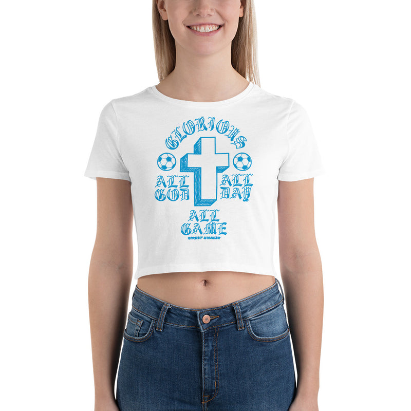 ALL GOD ALL DAY ALL GAME WOMEN'S SOCCER DRIP GRAPHIC PRINT CROP T- SHIRT