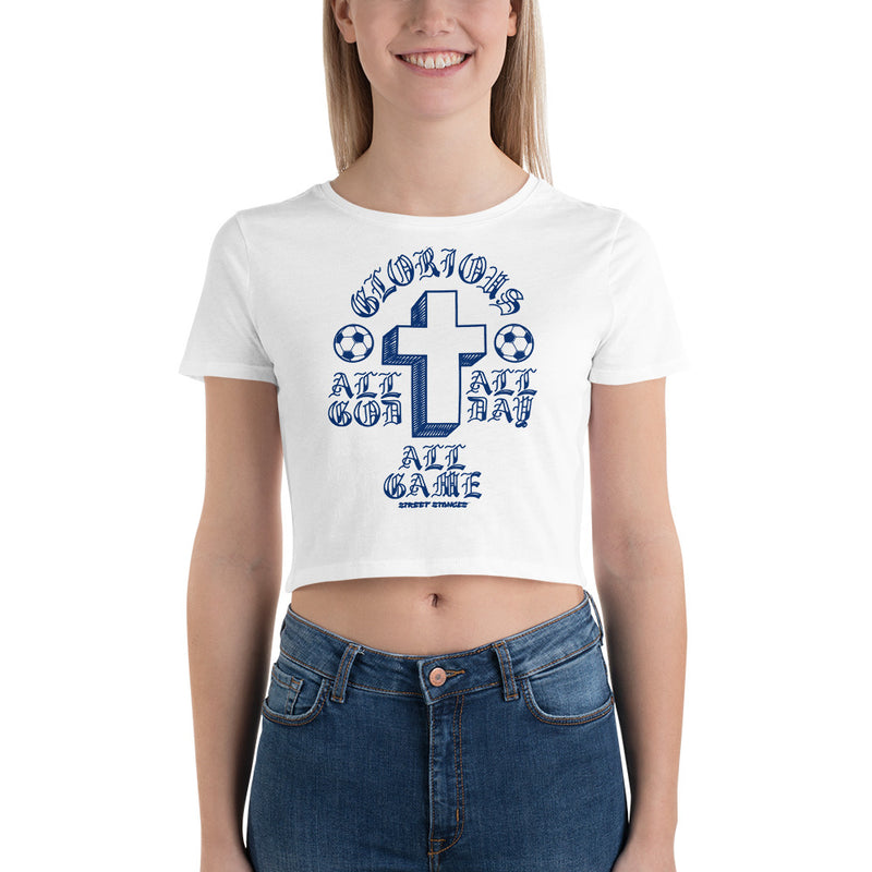 ALL GOD ALL DAY ALL GAME WOMEN'S SOCCER DRIP GRAPHIC PRINT CROP T- SHIRT