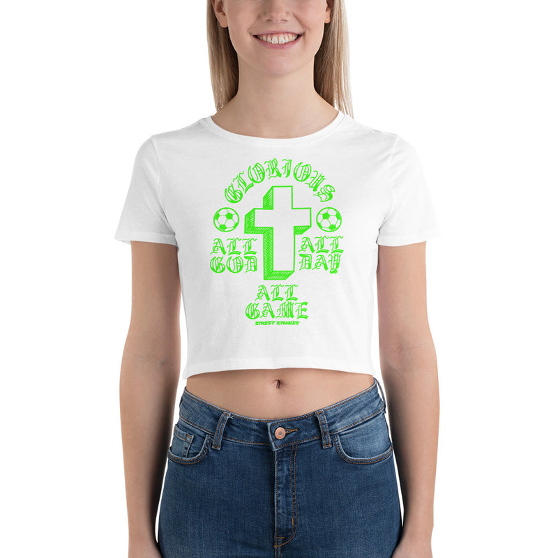 ALL GOD ALL DAY ALL GAME WOMEN'S SOCCER DRIP GRAPHIC PRINT CROP T- SHIRT