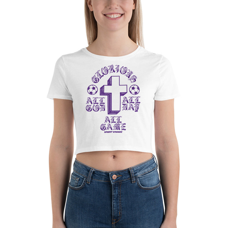 ALL GOD ALL DAY ALL GAME WOMEN'S SOCCER DRIP GRAPHIC PRINT CROP T- SHIRT