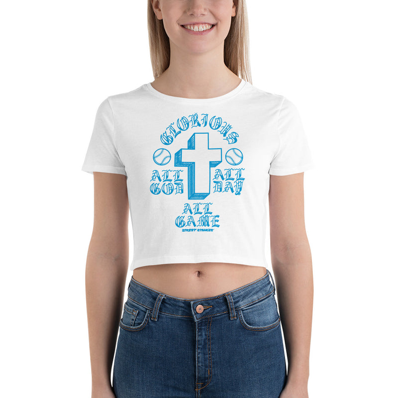 ALL GOD ALL DAY ALL GAME WOMEN'S BASEBALL DRIP GRAPHIC PRINT CROP T- SHIRT