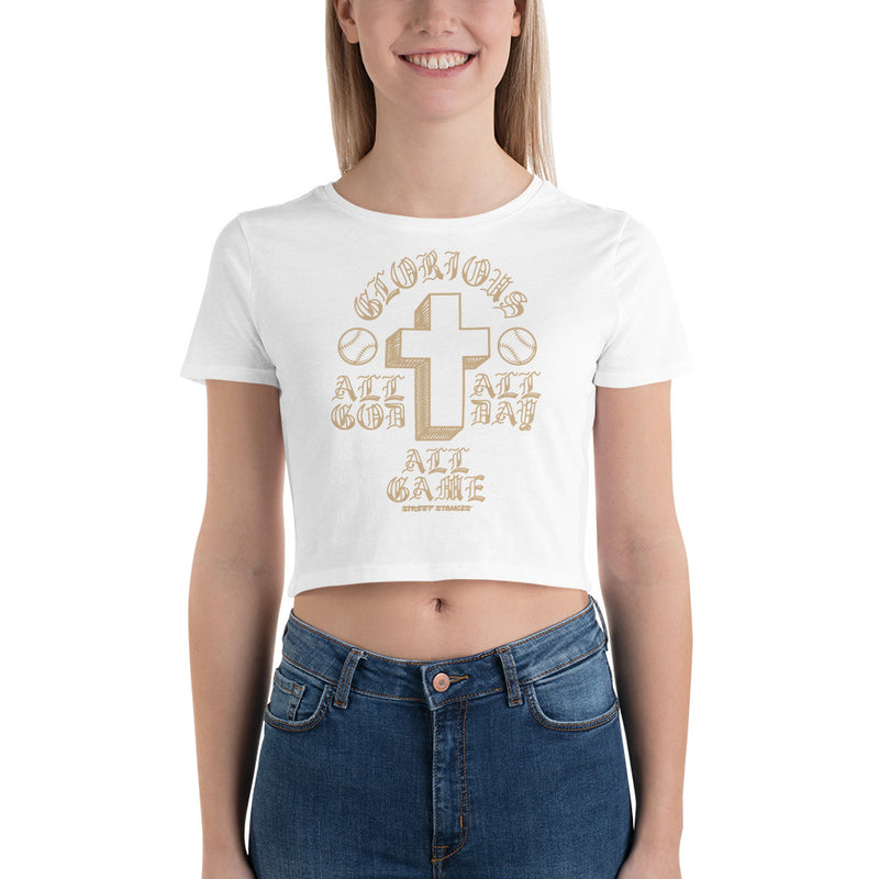 ALL GOD ALL DAY ALL GAME WOMEN'S BASEBALL DRIP GRAPHIC PRINT CROP T- SHIRT
