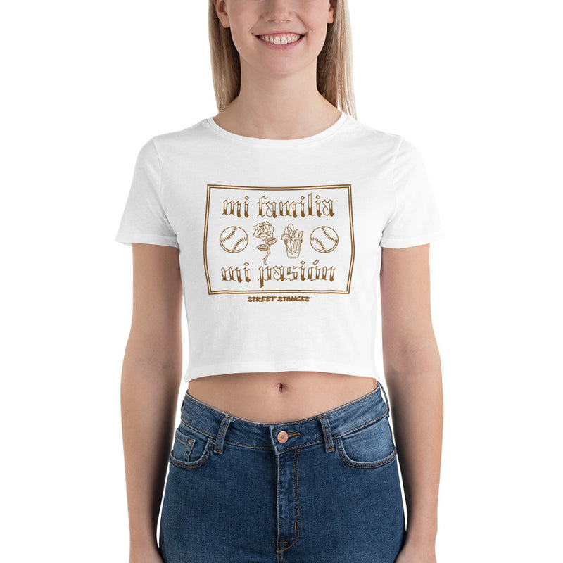 MI FAMILIA MI PASION WOMEN'S BASEBALL DRIP GRAPHIC PRINT CROP T- SHIRT