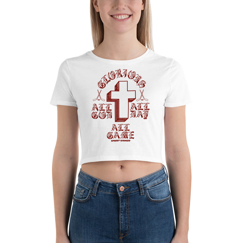 ALL GOD ALL DAY ALL GAME WOMEN'S HOCKEY DRIP GRAPHIC PRINT CROP T- SHIRT