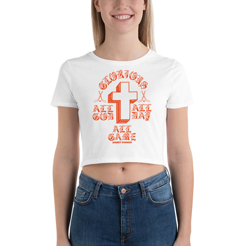 ALL GOD ALL DAY ALL GAME WOMEN'S HOCKEY DRIP GRAPHIC PRINT CROP T- SHIRT