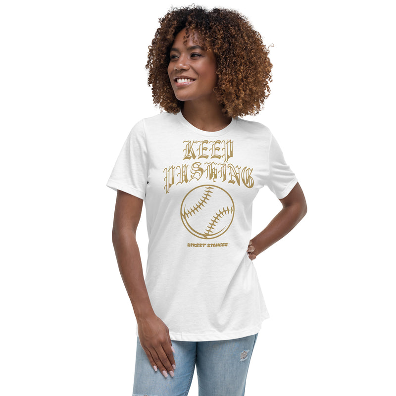 KEEP PUSHING WOMEN'S BASEBALL DRIP GRAPHIC PRINT T-SHIRT