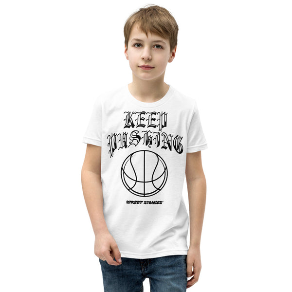 KEEP PUSHING YOUTH BASKETBALL DRIP GRAPHIC PRINT T-SHIRT