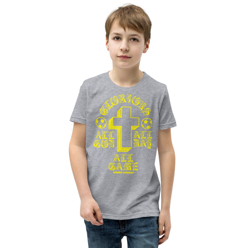 ALL GOD ALL DAY ALL GAME YOUTH SOCCER DRIP GRAPHIC PRINT T-SHIRT